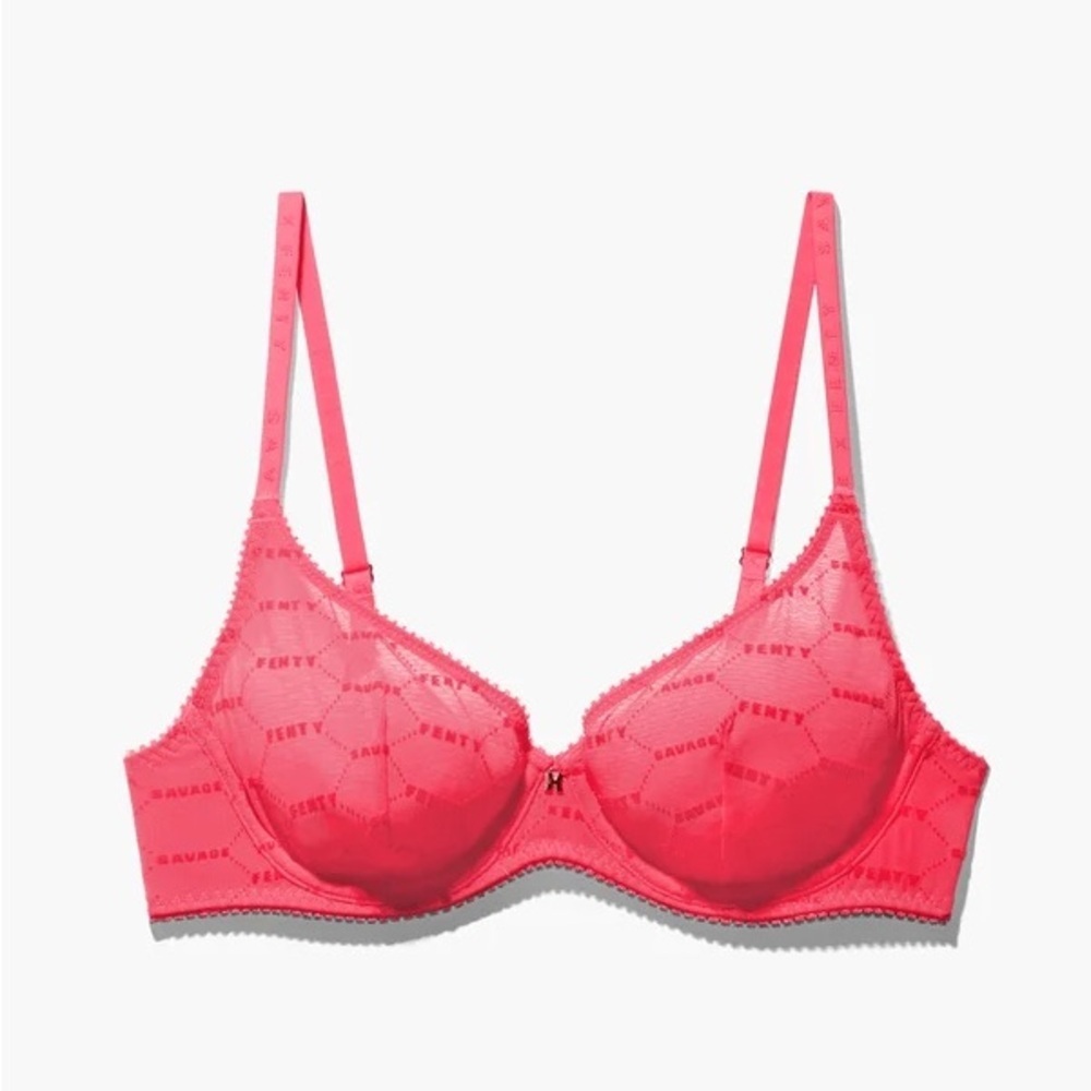 Savage X Fenty FLOCKED LOGO UNLINED BRA Pink Smash Size 38C Underwire Sheer NWT - Picture 1 of 7